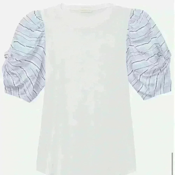 NWOT Rebecca Taylor soft white cotton T shirt with puffy sleeves in blue… - Picture 6 of 11